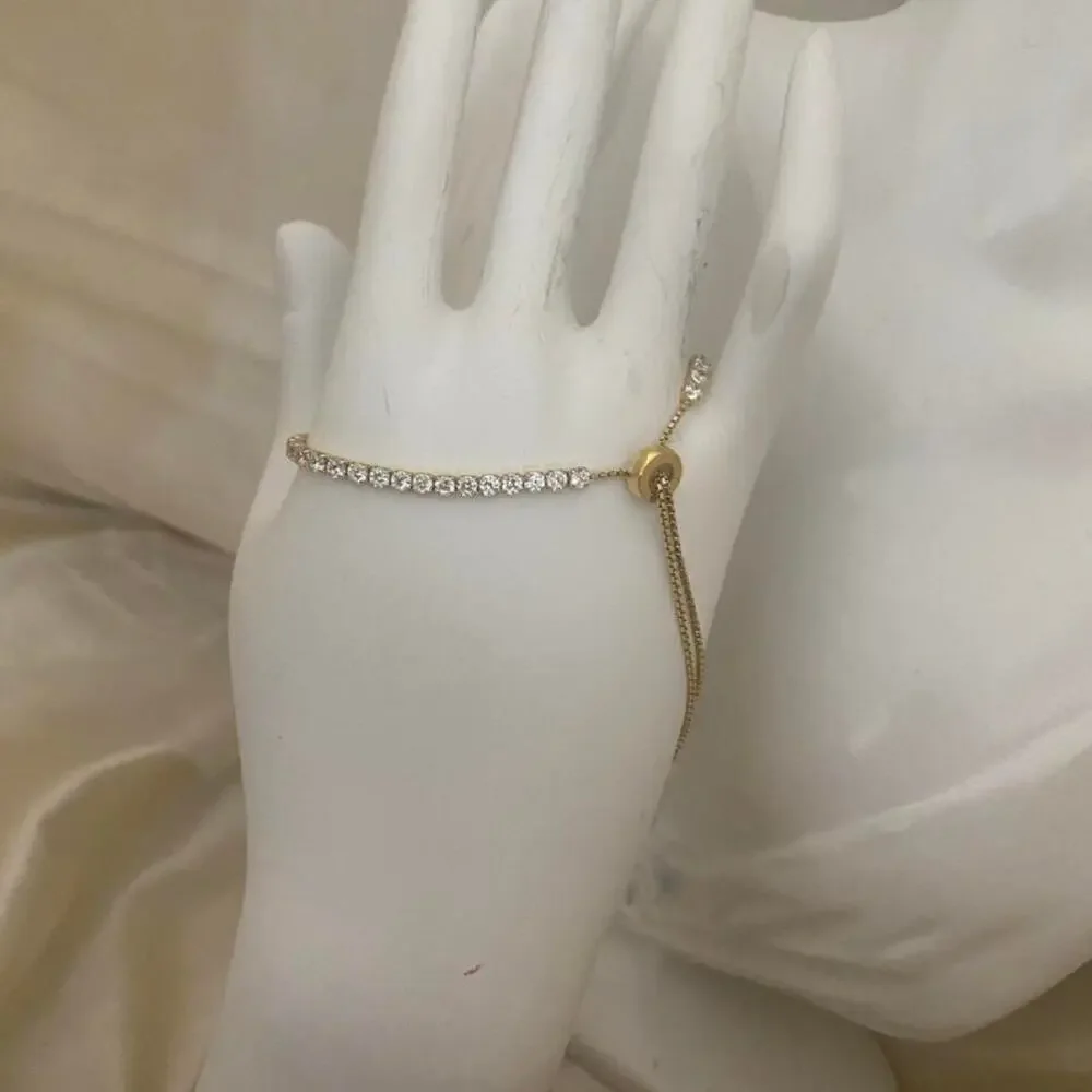 Pearl 925 Sterling Silver Gold Vermeil CZ Tennis Slider Bracelet Genuine Pearl